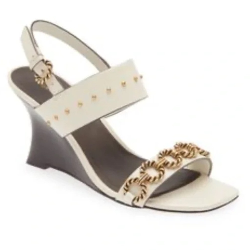 TORY BURCH Vintage Plaque Wedge Sandal New Ivory/Gold Size 6 MSRP $378